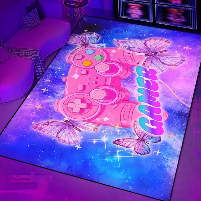 Gaming Rugs for Girls Bedroom Decor Butterfly Rug 3x5 Ft Teen Girls Gamer Area Rug Blue and Pink Carpet for Kids Room,Gaming Room,Dorms,Playroom & Apartment Non-Slip Floor Mat