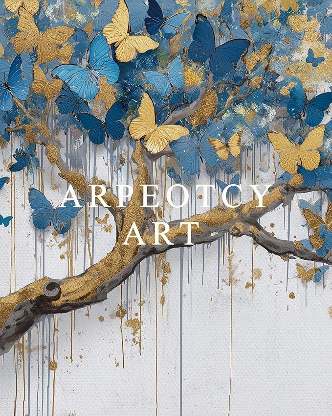 ARPEOTCY Vintage Gold Framed Wall Art Decor, 13x16 Inch Blue and Gold Butterfly Tree Canvas Print, Luxury Glam Wall Art for Living Room, Bedroom, or Office