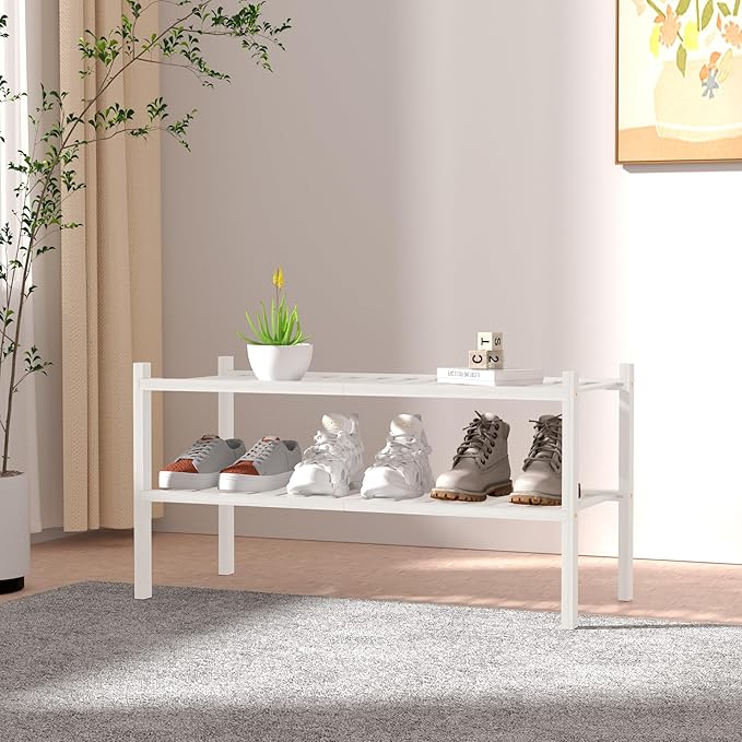 2 Tier Bamboo Shoe Rack for Closet Free Standing Wood Shoe Shelf for Entryway Small Space Stackable 27"x11"x13" (White)