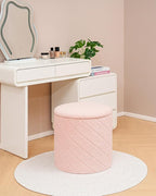 Round Boucle Storage Ottoman with Reversible Wood Tray, 17.7" Sherpa Cylinder Footrest Stool with Storage, Upholstered Folding Ottoman Coffee Table for Living Room Bedroom Dorm, Pink