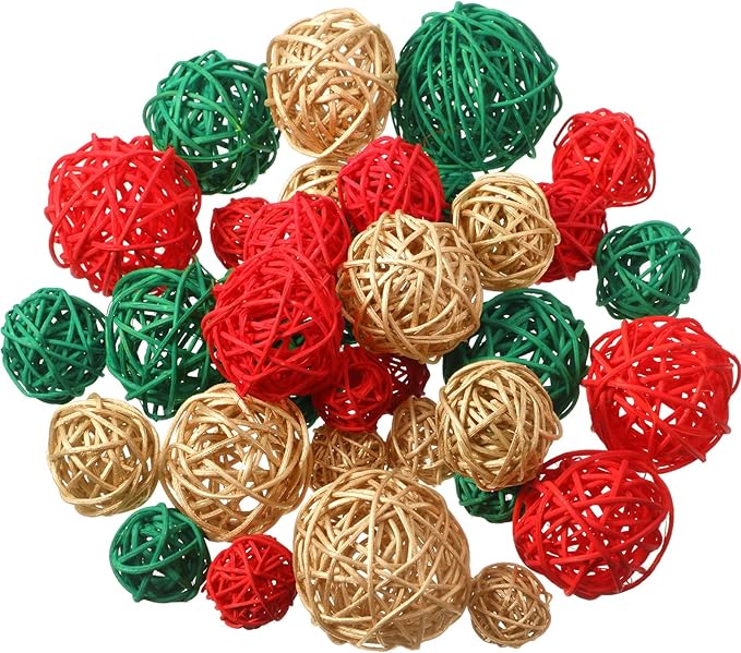 Patelai 72 Pcs Wicker Rattan Balls Decorative Balls for Vase Centerpiece Bowls Orbs Filler for Spring Summer Craft Home Decor, 4 Sizes (Red, Green, Gold)