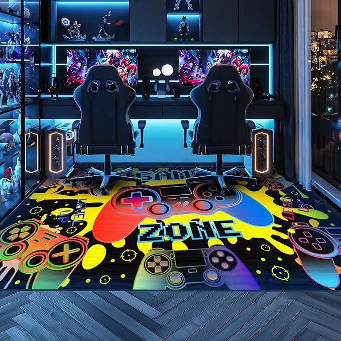 Gaming Rug for Living Room Colorful Large Area Rug 4x6 ft Gamer Room Decor for Boys Girls Gamer Rug for Gaming Room Floor Mat 3D Video Game Area Carpet for Bedroom,Game Room & Dorm