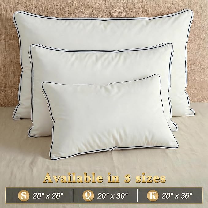 Feather Pillows Queen Size Set of 2 Goose Down Pillows with 100% Breathable Cotton Cover, Hotel Collection Bed Pillows for Sleeping, Soft Support for Back, Stomach and Side Sleepers