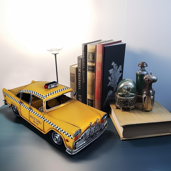 Retro Handmade Yellow NYC Classic Checkered Taxi Cab Model 11" L New York City Taxi Model Hand Made Metal Collectible Vehicle Model for Showcase Decor