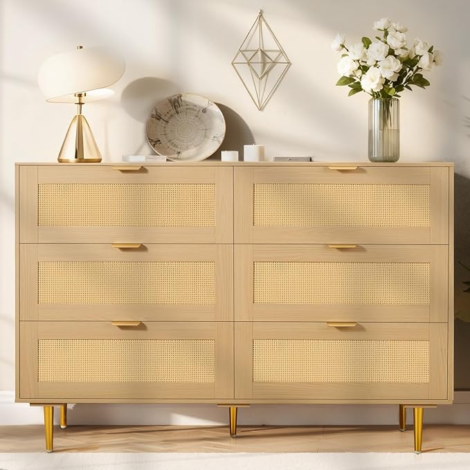 VEVOR Rattan Dresser 6 Drawer, 47.2'' Wide Boho Wood Dresser, Double Dresser Chest of Drawers with Golden Handles and Legs, TV Stand Dresser for Bedroom, Living Room, Entryway, Hallway, Natural Oak