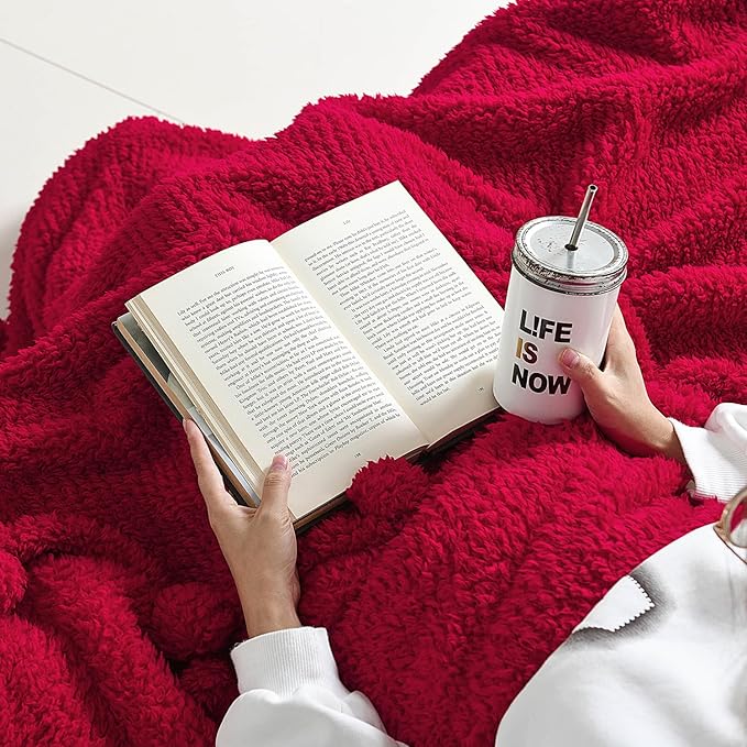 HORIMOTE HOME Ultra Soft Sherpa Throw Blanket with Pompom Fringe, Lightweight Plush Boho Throw Blanket for Couch, Sofa, Bedroom,Travel, Christmas Decor, Warm Blanket for Winter, 50"x60", Red