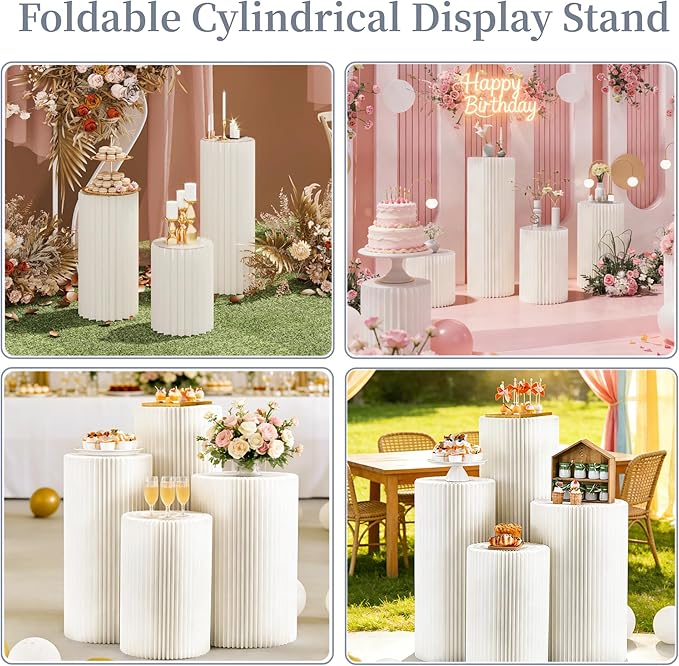 4Pcs Cylinder Display Stand - Foldable Paper Pedestal with Square Acrylic Plate for Shoes & Handbags, Retail Store, Boutique, Home & Wedding Decor, Party Events