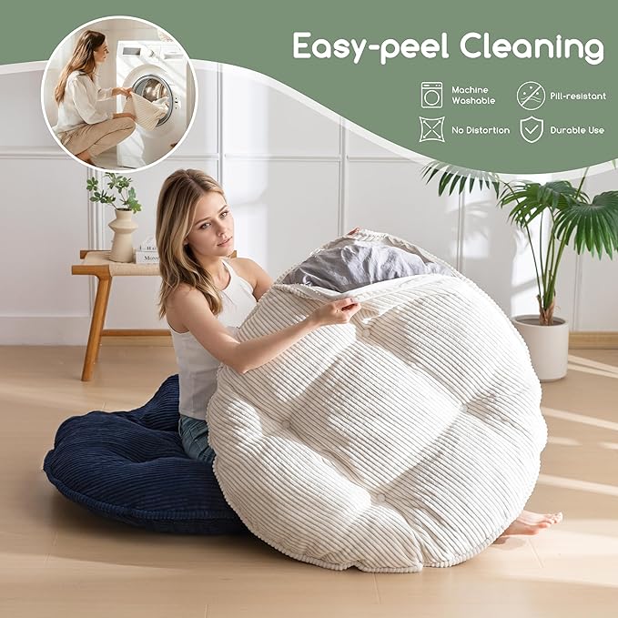 35" Washable Floor Pillow Cushion for Adults, Meditation Cushion Pillow, Extra Large Round Floor Sitting, Removable Tufted Corduroy Cover, for Tatami Living Room or Yoga, Beige, Machine Washable
