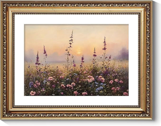 ARPEOTCY Vintage Gold Framed Wall Art Decor, 11x14 Inch Dawn Flower Field Painting Prints, Classical Victorian Wall Art for Living Room Bedroom Office, Antique Framed Bathroom Decor Aesthetic