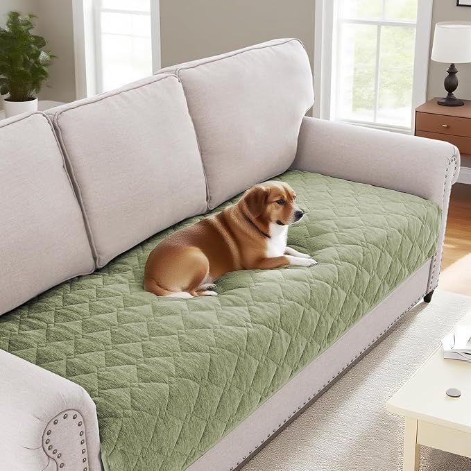 H.VERSAILTEX Couch Cover Chenille Pet Fuzzy Sofa Covers for 3 Cushion Couch Anti Slip Washable Sofa Slipcovers with Strap Soft Couch Protector Cover for Dogs Cats Kids(36" x 74",Tender Green)