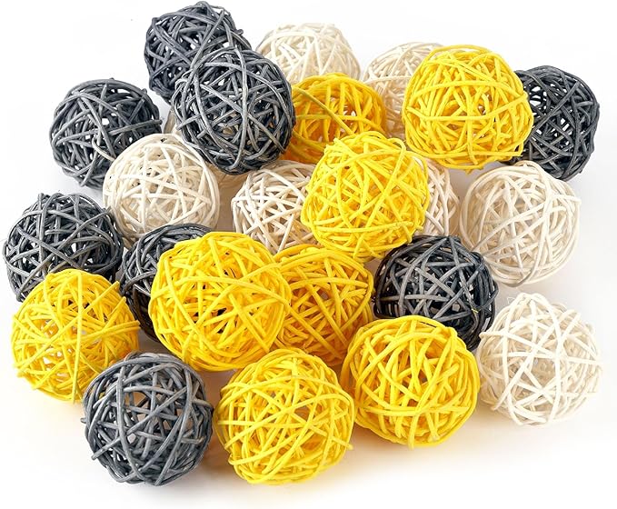 DomeStar 24PCS Yellow Decorative Balls for Bowl Centerpiece, 2 Inch Rattan Bowl Fillers - Wicker Twig Orbs Spheres for Yellow Kitchen Home Decor Vase Table Scatters