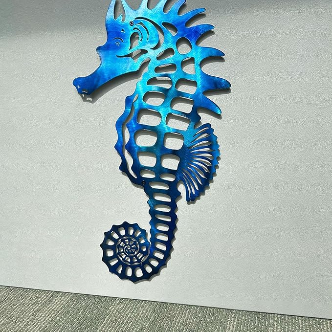 LiveInUrban Coastal Wall Art Seahorse Metal Wall Sculptures, Ocean Beach Themed Metal Hanging Home Decoration 15.8"x12.1"