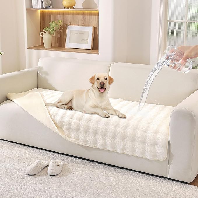 Waterproof Dog Bed Cover Non Slip Couch Cover for Dogs Washable Soft Faux Fur Sofa Cover Couch Covers for 3 Cushion Couch Sofa Pet Friendly (Off White)