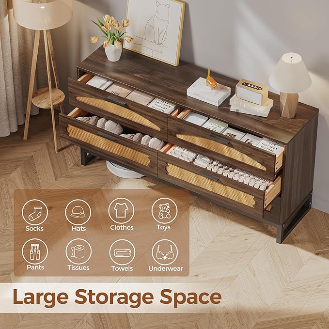 Mericonia 6 Drawer Double Dresser for Bedroom, Rattan Chest of Drawers, Modern Wooden Dresser Chest with Metal Frame for Bedroom, Living Room, Hallway and Entryway, Walnut