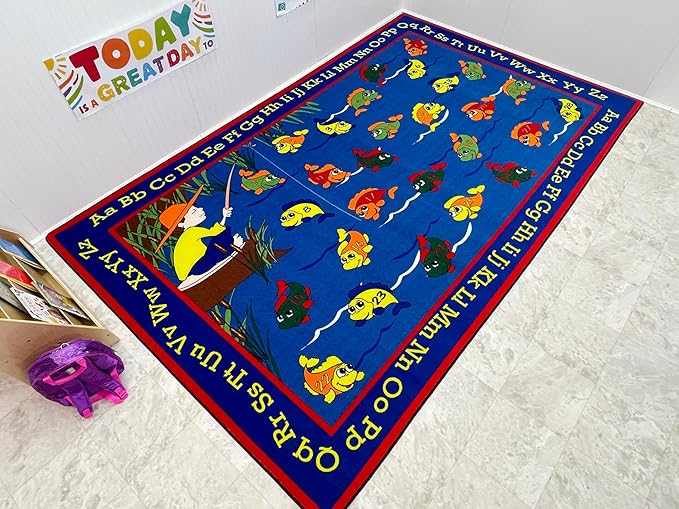 KIDCARPET.COM Lazy River Fishing Rectangle Classroom Rug | Bordered Area Rug for Preschool Daycare Learning, 6' x 8'6"