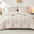 HYMOKEGE Beige Twin Comforter Set Seersucker 5 Pieces, All Season Luxury Bed in a Bag for Bedroom, Bedding Set with Comforters, Sheets, Pillowcase & Sham