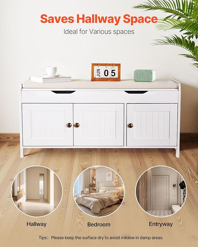 VEVOR Shoe Storage Bench with Padded Cushion & 3 Barn Doors, Entryway Bench with Hidden Storage, 41.3 x 13.8 x 19.8 Inches, for Entryway, Hallway, Living Room, Bedroom