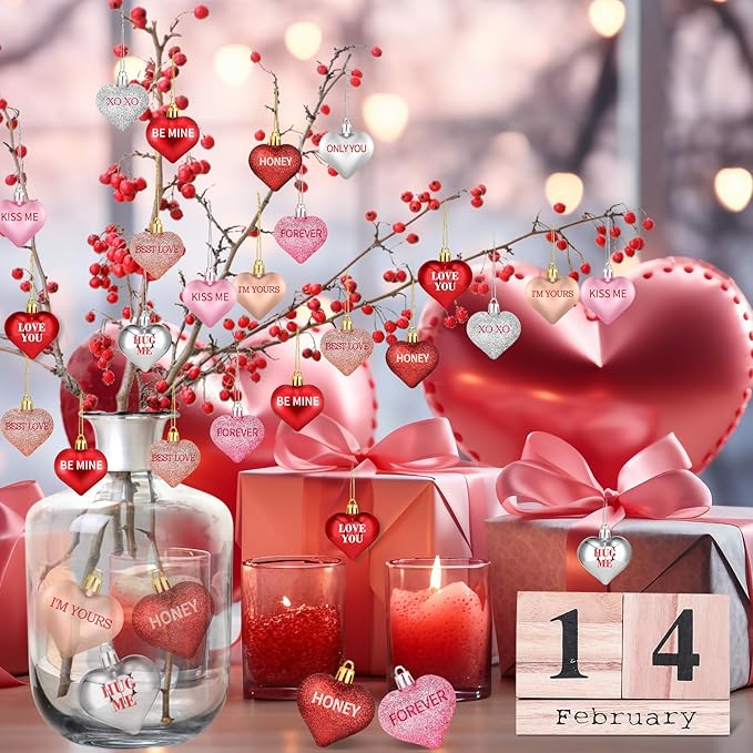 70Pcs Valentine's Day Heart Shaped Ornaments with Sweet Love Words, 10 Styles Valentine Ornaments for Tree, Red Pink Glitter Heart Shaped Valentine's Hanging Decorations for Wedding Anniversary