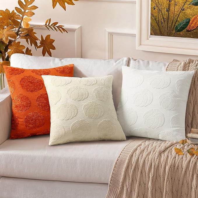 decorUhome Decorative Rust Pumpkin Thanksgiving Throw Pillow Covers 20x20 Set of 2, Soft Chenille Jacquard Farmhouse Textured Pillow Covers for Couch Bed Sofa Autumn Harvest Halloween Holiday