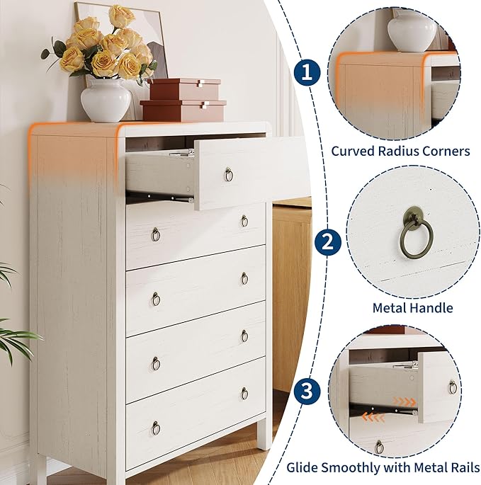 GarveeHome 5 Drawer Dresser for Bedroom, 47" Tall Modern Chest of Drawers, Curved Profile Design, Wood Drawer Organizer for Bedroom, Living Room, Hallway, Entryway, White