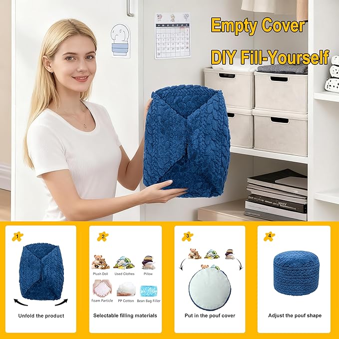 Unstuffed Ottoman Pouf Cover – Round Faux Fur Footstool Plush Floor Pouf (No Filler Included) Perfect for Living Room, Bedroom, or Office Lounge (Navy Blue, 20x20x15 in)