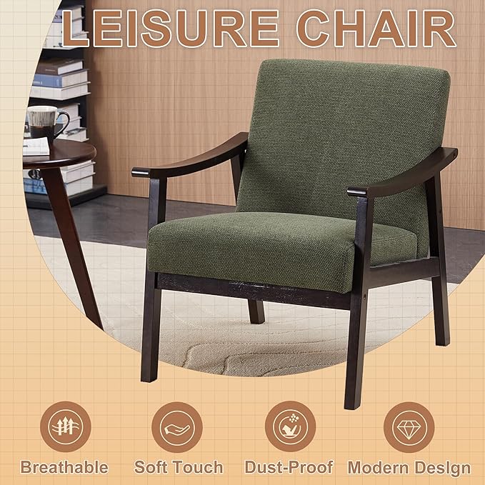 KEIKI Mid-Century Modern Accent Chair with Solid Wood Frame, Wingback Reading Chair for Bedroom and Relaxed Seating