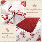 Exclusivo Mezcla Reversible Christmas Quilts King Size, Red Bedspread Lightweight Coverlet Winter Quilt Bedding Set with Printed Trees Reindeer Wreaths Pattern (1 Quilt, 2 Pillow Shams)