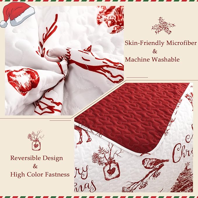 Exclusivo Mezcla Reversible Christmas Quilts King Size, Red Bedspread Lightweight Coverlet Winter Quilt Bedding Set with Printed Trees Reindeer Wreaths Pattern (1 Quilt, 2 Pillow Shams)