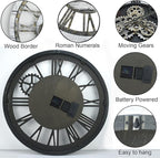 HOIBAI Vintage Industrial Wall Clock, 24 Inch, Rustic Natural Wood, Moving Gears, Silent Non-Ticking, Easy Installation, Large Wall Clock for Living Room Decor