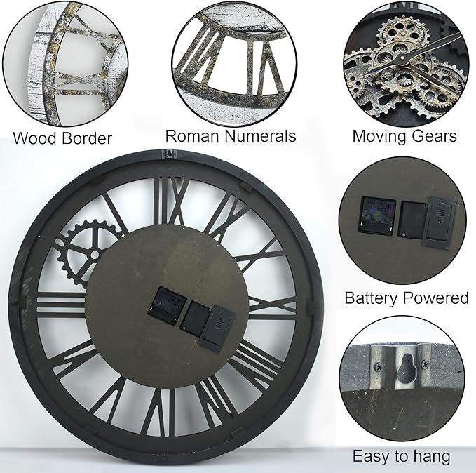 HOIBAI Vintage Industrial Wall Clock, 24 Inch, Rustic Natural Wood, Moving Gears, Silent Non-Ticking, Easy Installation, Large Wall Clock for Living Room Decor