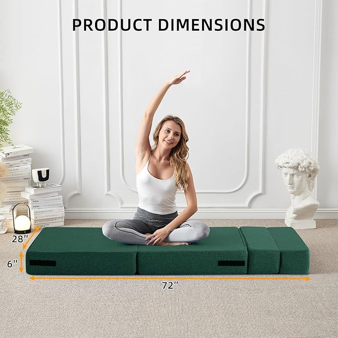 FILUXE Convertible Folding Sofa Bed-Sleeper Chair with Pillow, Modern Linen Fabric Floor & Futon Couch, Foldable Mattress for Living Room/Dorm/Guest Use/Home Office/Apartment, Single Size,Dark Green