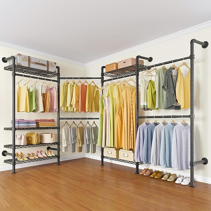 Timate L4 L Shape Garment Rack Heavy Duty Clothes Racks for Hanging Clothes, Expandable Industrial Pipe Clothing Rack Wall Mounted Closet Racks Wardrobe Closet Kit Corner Closet System, Black
