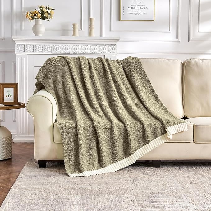 CozeCube Super Soft Fullfy Microfiber Reversible Knitted Blankets, Warm Cozy Fuzzy Plush Throw, Olive Green and White Melange Throw Blanket for Couch Bed Sofa, 50" x 60"
