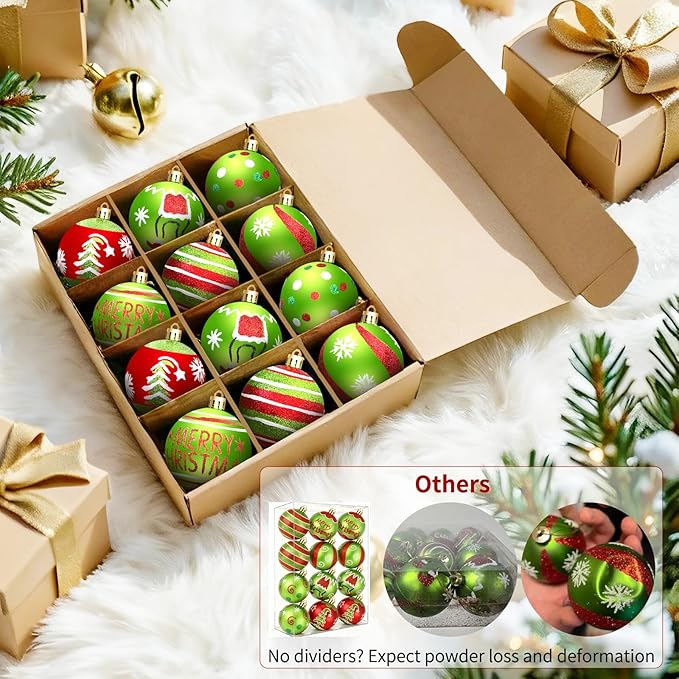 Christmas Tree Decorations Ornaments Set, 2.4 Inch 12PCS Christmas Balls Decor Grinchs Style, Glittering Shatterproof Hanging Bulbs Xmas Decorations for Indoor Home Office (Red Green)