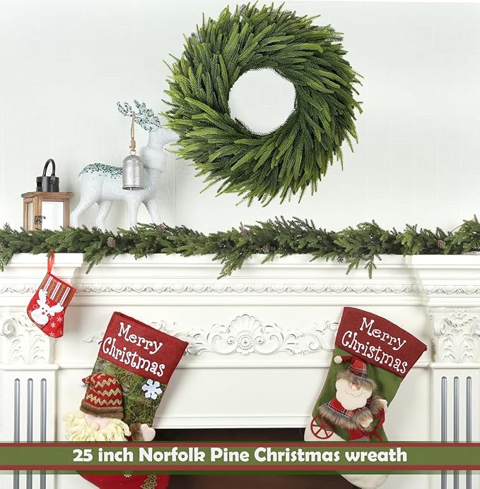 25" Norfolk Pine Christmas Wreath for Front Door,Realistic Artificial Christmas Wreath,Used for Wall Window Porch Farmhouse Indoor and Outdoor Christmas Decoration Home Decoration