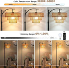Boho Floor Lamp for Living Room Bedroom with Remote,Arc Farmhouse Floor Lamps with 3 Color Temperature,Rustic Standing Lamp with 3-Tier Rattan Wicker Shades,Adjustable Tall Lamp for Office,Corner