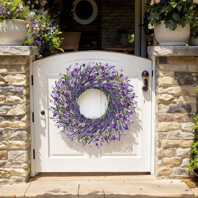 26 Inch Lavender Wreath Summer Spring Wreaths for Front Door Wreaths for Front Door for Wedding Farmhouse (Purple Lavender)