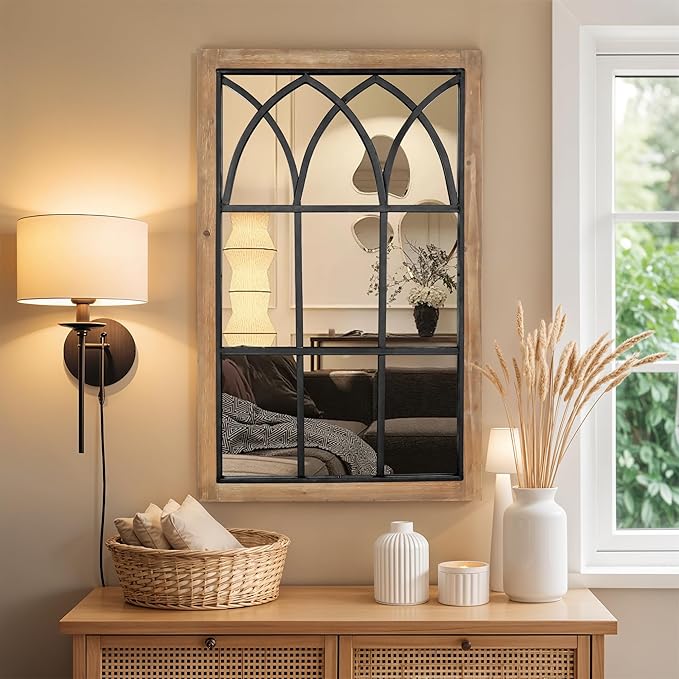 Oakrain Rustic Window Mirror for Wall Decor, 24”x37” Wood Frame Decorative Wall Mirror, Wall-Mounted Farmhouse Mirrors for Living Room, Bedroom, Entryway, Bathroom, Brown