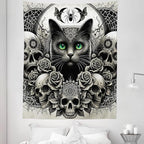 Ambesonne Gothic Tapestry King Size, Classic Spooky Rose Ornated Skulls and Black Cat with Spider Print, Wall Hanging Bedspread Bed Cover Wall Decor, 68" X 88", Dark Grey Green and Eggshell