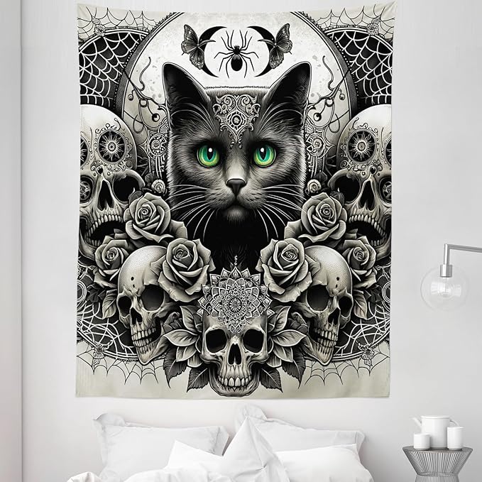 Ambesonne Gothic Tapestry King Size, Classic Spooky Rose Ornated Skulls and Black Cat with Spider Print, Wall Hanging Bedspread Bed Cover Wall Decor, 68" X 88", Dark Grey Green and Eggshell