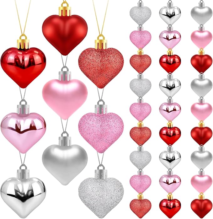 36Pcs Valentines Heart Ornaments, Red Pink Silver Glitter Valentines Decorations Heart Shaped Baubles, Romantic Hanging Valentine Day Tree Ornaments Decorations for Home Office, 3 Styles