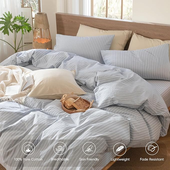 MooMee Striped Duvet Cover Set 100% Washed Cotton Linen Like Textured Breathable Durable Soft Comfy (Cornflower Blue White Wide Stripes, Twin 68"x90")