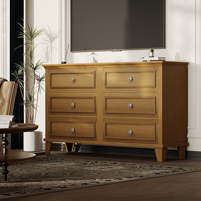 GarveeHome Farmhouse Brown Dresser for Bedroom with 6 Drawer, Double Dresser TV Stand with Vintage Handle, Wide Wood Dressers & Chests of Drawers, 6 Drawer Dressers for Bedroom, Living Room, Hallway