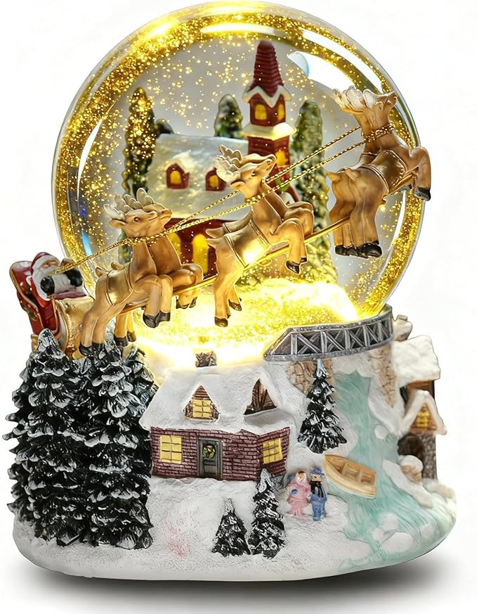 7'' H Christmas Snow Globe with Light up and Musical Valentine's Day Decoration Gift, Snowflakes Water Globe, Santa Sleigh Reindeer Resin Snow Globe, Christmas Holiday Indoor Decor.