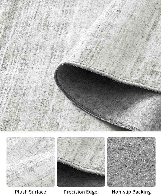 Art&Tuft Washable Rugs 6x9, Low Pile Area Rugs for Living Room - Non Slip and Stain Resistant Soft Thin 6x9 Rug for Bedroom, Dining Room, Kitchen, Office, Grey