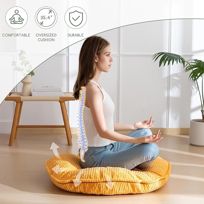 35" Washable Floor Pillow Cushion for Adults, Meditation Cushion Pillow, Extra Large Round Floor Sitting, Removable Tufted Corduroy Cover, for Tatami Living Room or Yoga, Orange, Machine Washable