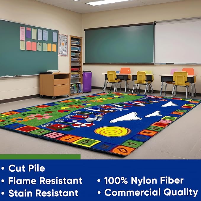 KIDCARPET.COM On The Train Rectangle Classroom Rug | Bordered Area Rug for Preschool Daycare Learning, 7'6" x 12'