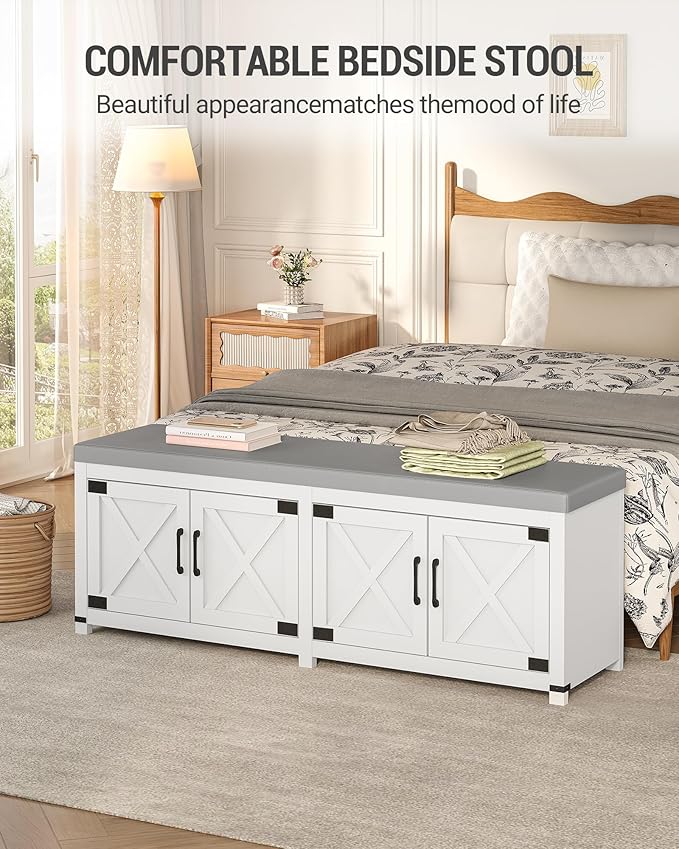 Shoe Storage Bench, 2 Tier Shoe Bench with Padded Seat Cushion & 4 Barn Doors, 59" Entryway Bench with Adjustable Shelf, Farmhouse Shoe Cabinet for Living Room, Bedroom, White SB31503GY