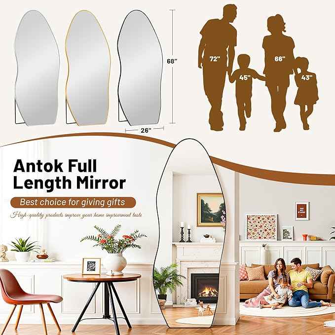 Antok Full Length Mirror, 76"x36" Floor Mirror with Stand, Standing Hanging Leaning Irregular Mirrors for Bedroom Living Room Entryway, Wavy Shaped, Black