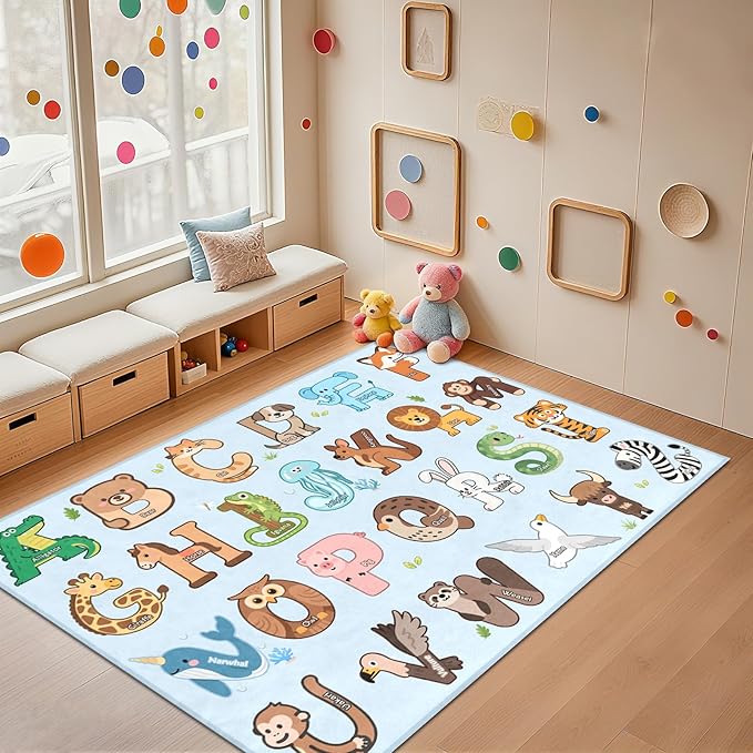 Kids Rugs for Playroom - 3x5 Feet ABC Alphabet Rug for Kids Room Educaitonal Learning Animal, Preschool Rug for Children Toddler Bedroom Nursery Kindergarten Decor, Blue